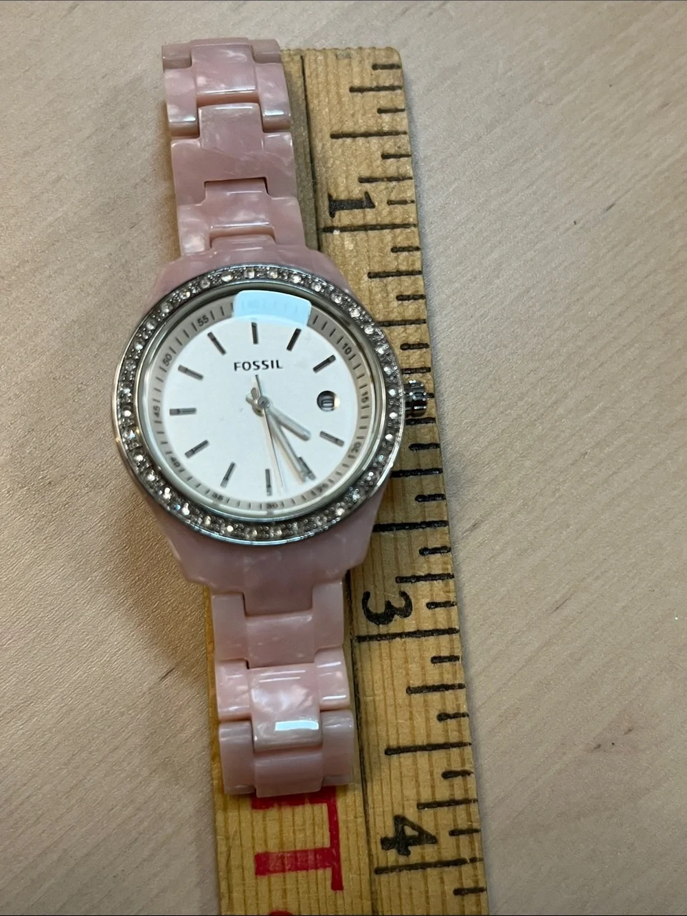 Fossil ES2688 Pave Bezel White Face Analog Watch & Pink Pearly Plastic Band